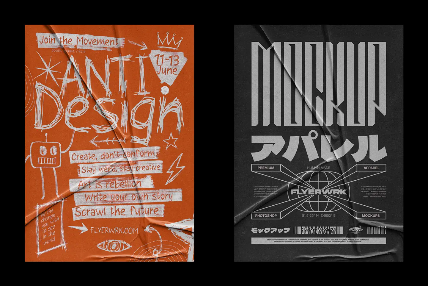 Glued A2 Poster Mockup showing a vibrant orange anti-design layout and a black apparel mockup poster