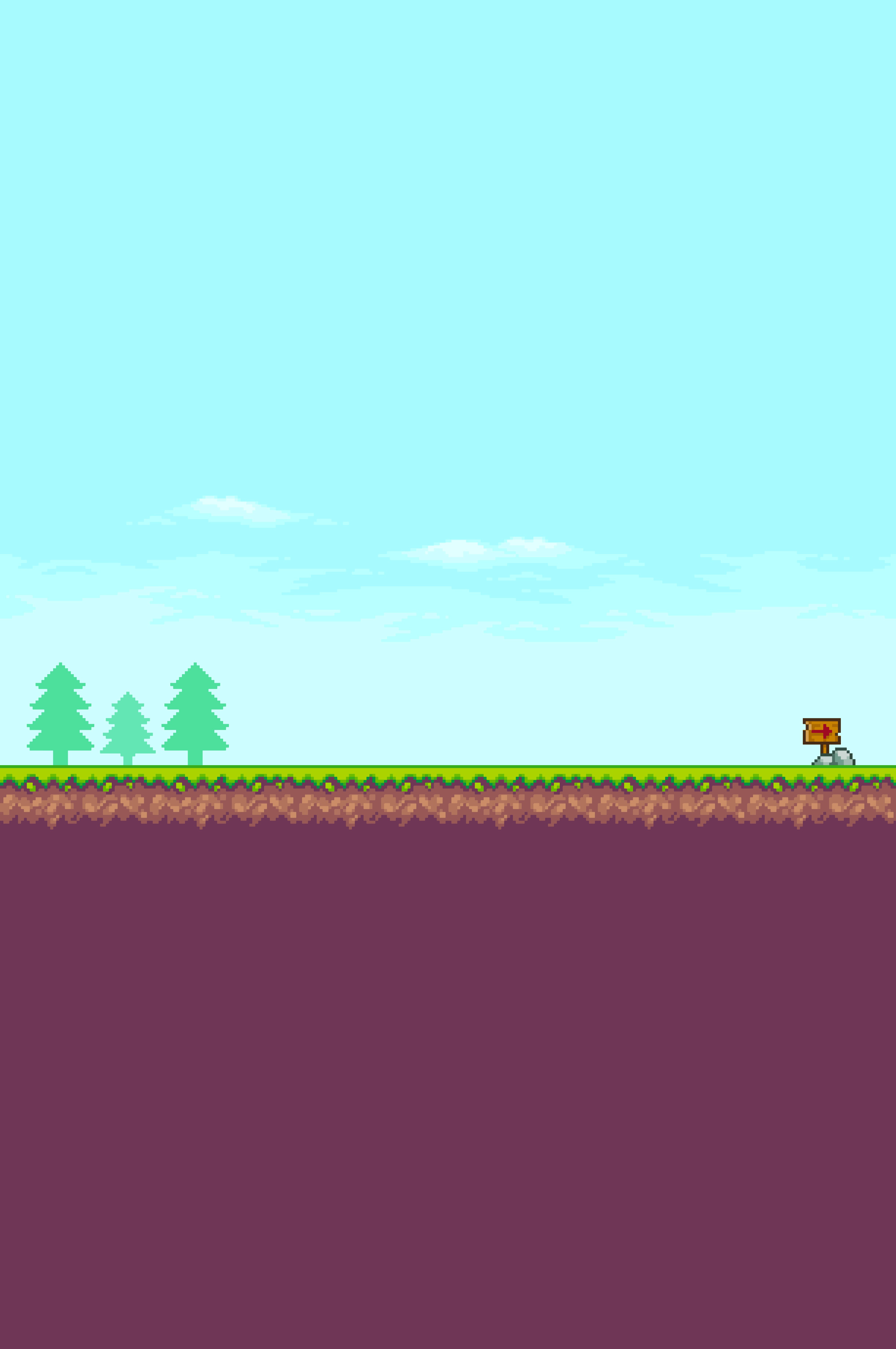 Pixel landscape with a blue sky, grassy platform, three fir trees, and a wooden sign with an arrow pointing right.