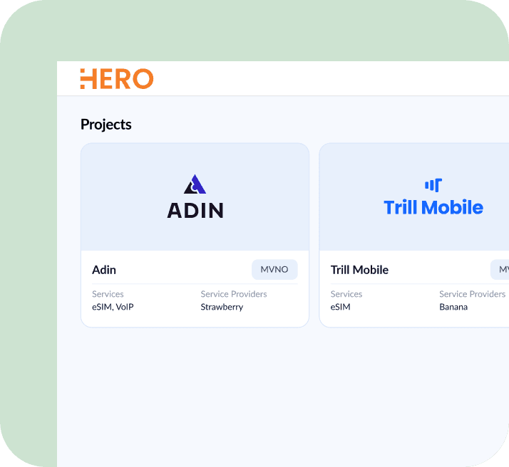 HERO CRM project dashboard showing Adin and Trill Mobile workspaces with service details.