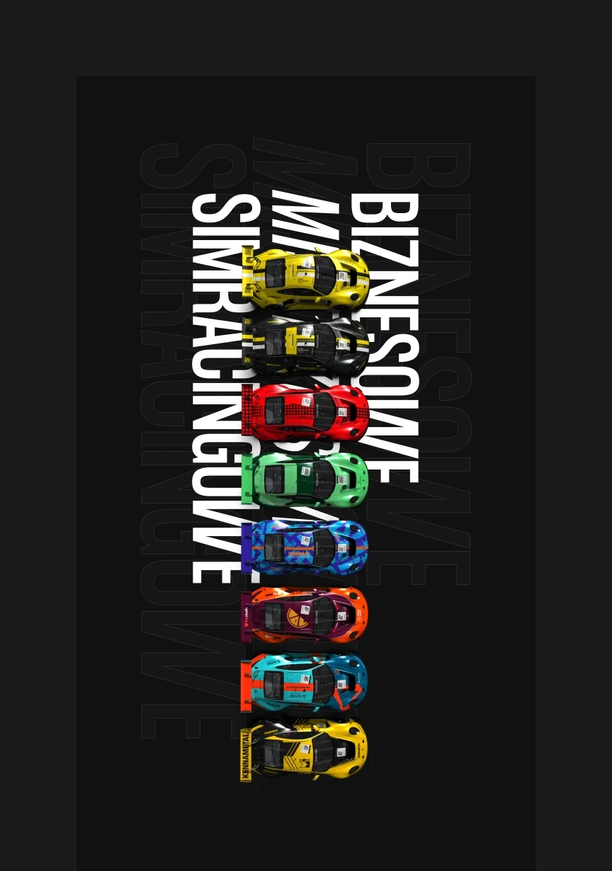 Top view of colorful racing cars lined up against bold vertical typography reading ‘Biznesowe Mistrzostwa Simracingowe’ on a black background.
