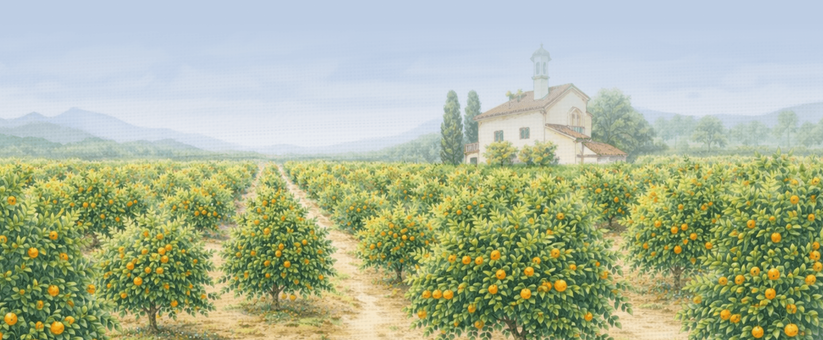 Landscape with a vineyard in rows leading to a building with a tower, rolling hills in the distance.