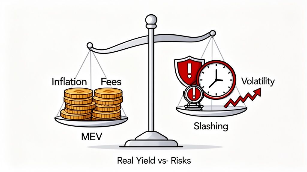 A balance scale illustrates real yield from inflation and MEV versus staking risks like slashing and volatility.