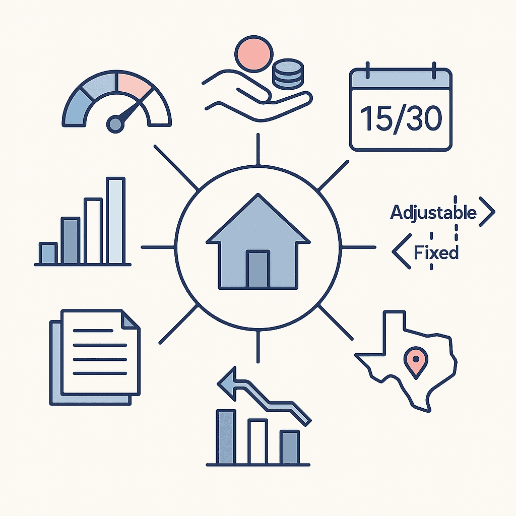 Radial vector diagram of seven key factors that influence a Garland mortgage rate