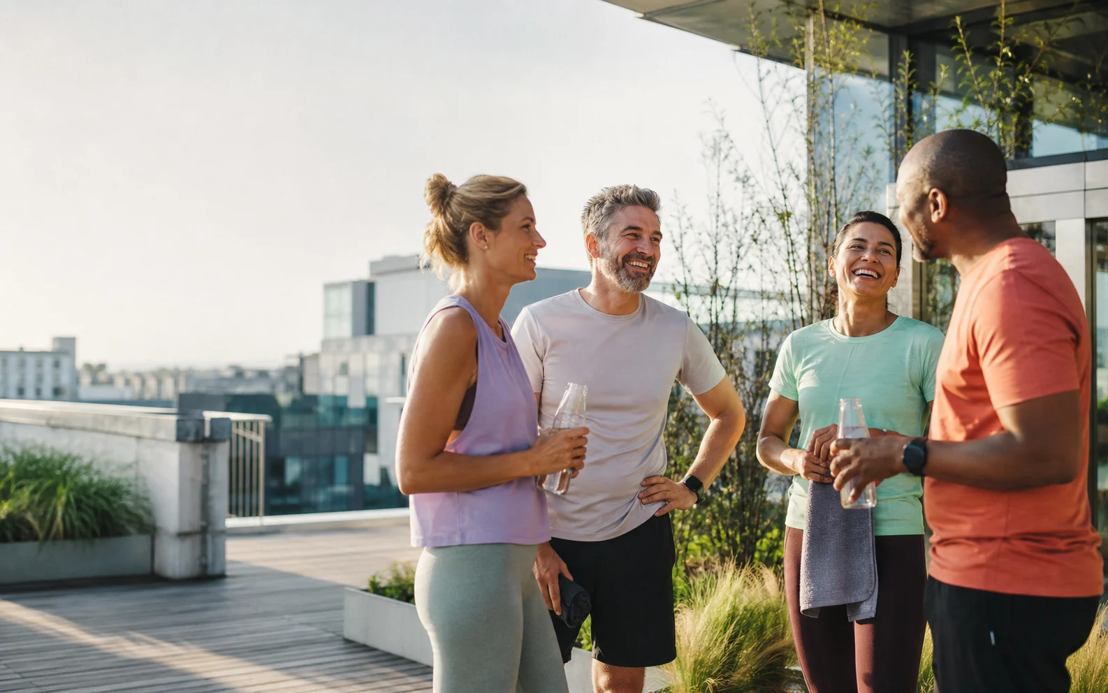Ein diverses Team tauscht sich nach gemeinsamer Bewegung auf einer Dachterrasse aus.