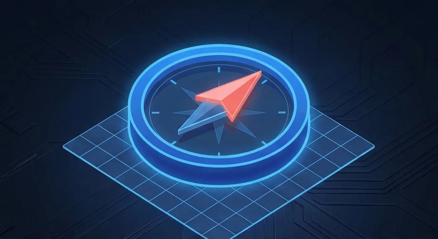 Isometric neon compass illustration on a digital grid, representing strategic product roadmapping and MVP scope definition for SaaS startups