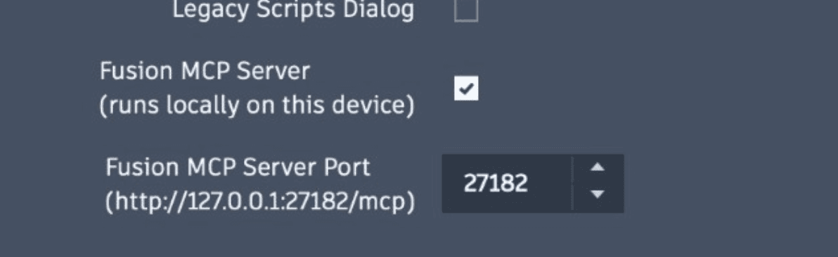 Autodesk Fusion Preferences showing the enabled local Fusion MCP Server and port 27182.