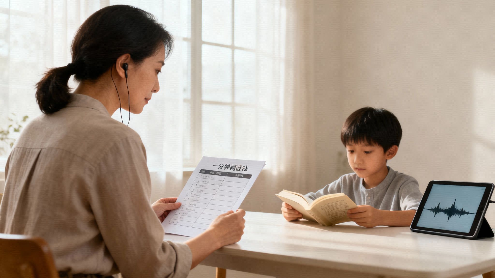 Speak4Me – A young person focused on their schoolwork at a table, with an open book and headphones on.