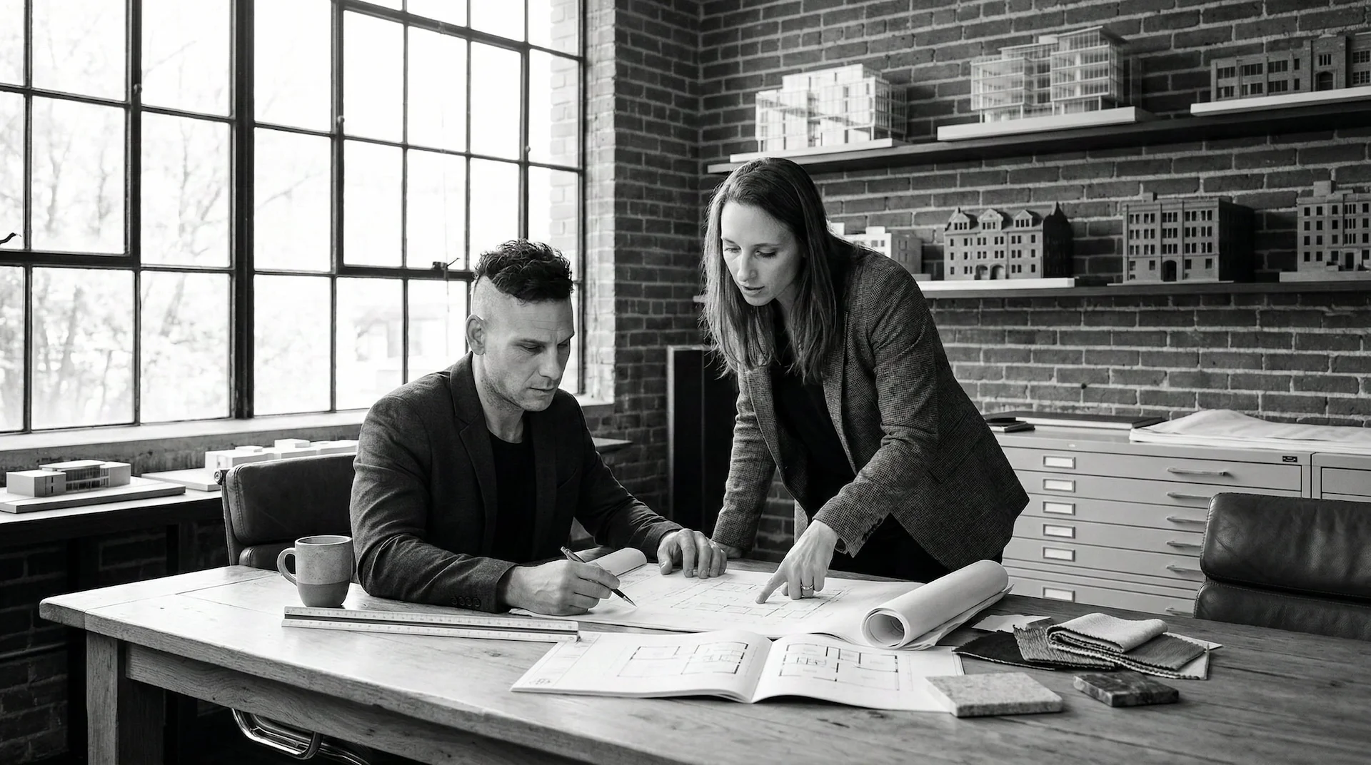 Iris en Tim Knubben bespreken een plattegrond aan de werktafel in het atelier, met maquettes en materiaalstalen binnen handbereik