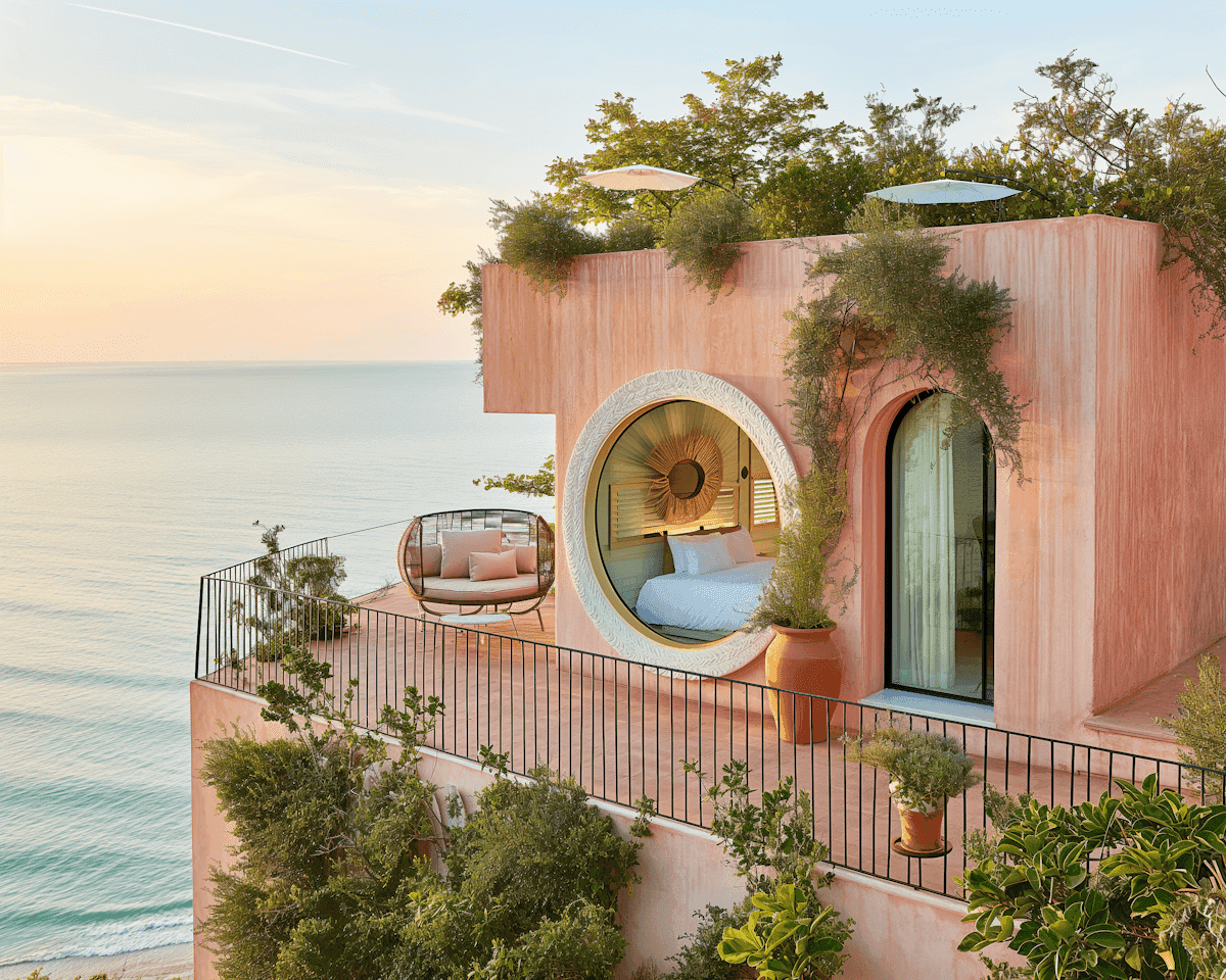 Alt teModern coastal villa with circular window, sea view balcony, and lush greenery