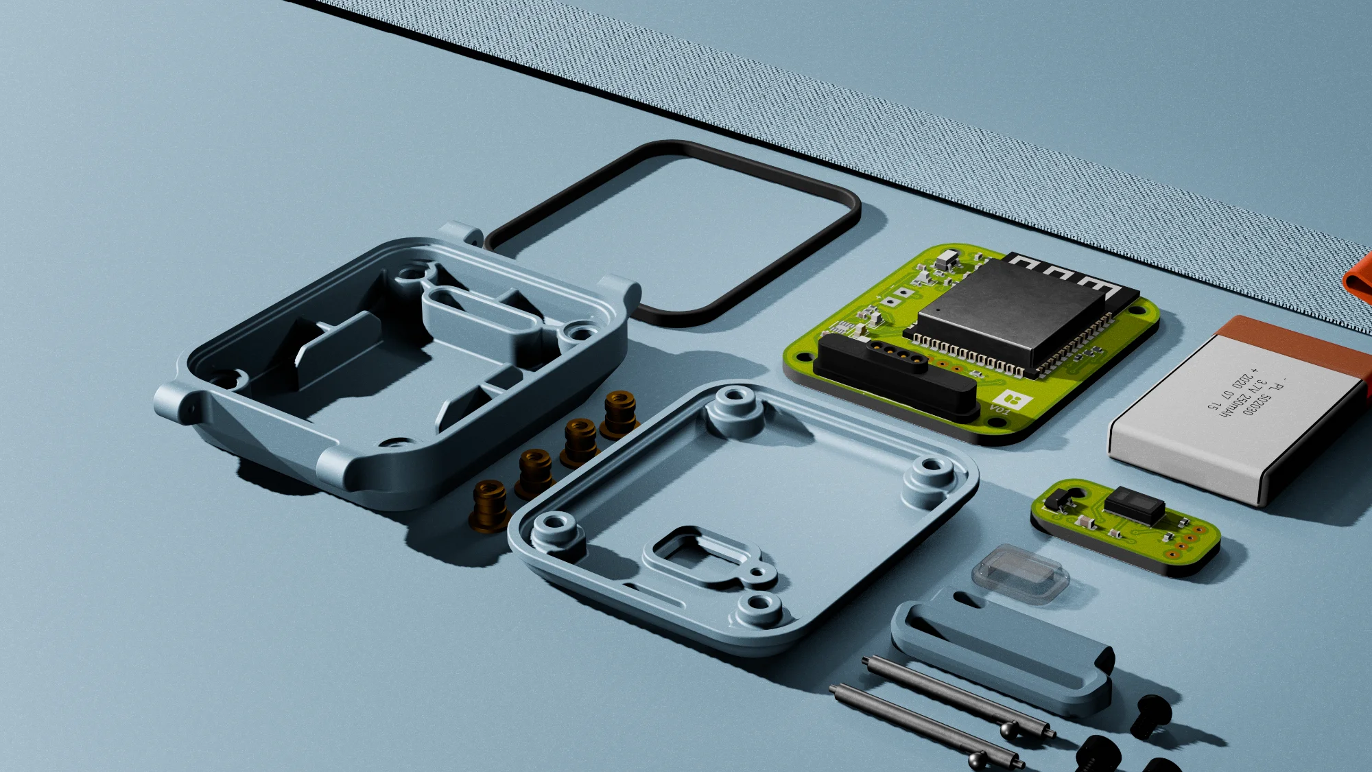Industrial design visualisation of a biometric sensor smart wearable, showing the component layout and embedded electronics within the product architecture.