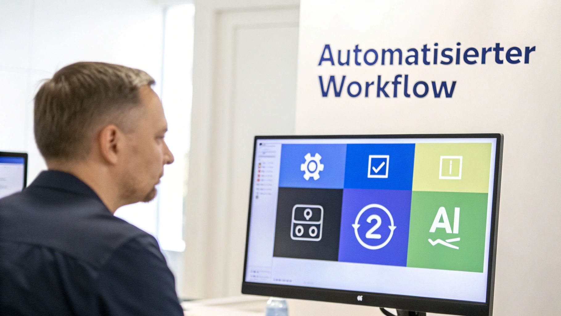 Ein Mann sitzt vor einem Computermonitor mit Workflow-Symbolen und dem Text