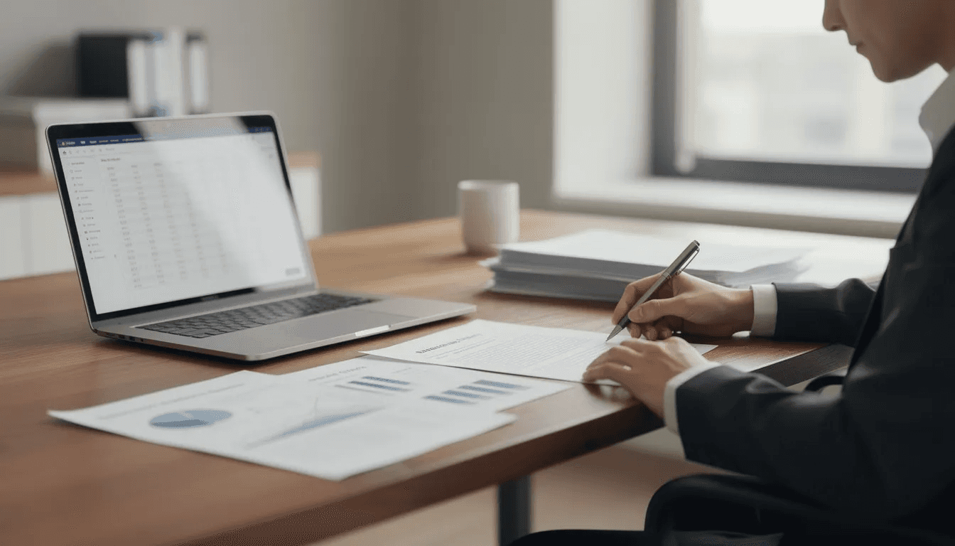 A person is seated at a desk, intently reviewing financial documents alongside a laptop, which suggests they may be assessing their estate and inheritance tax obligations. The scene conveys a sense of diligence in managing assets and understanding potential tax liabilities related to inherited property.