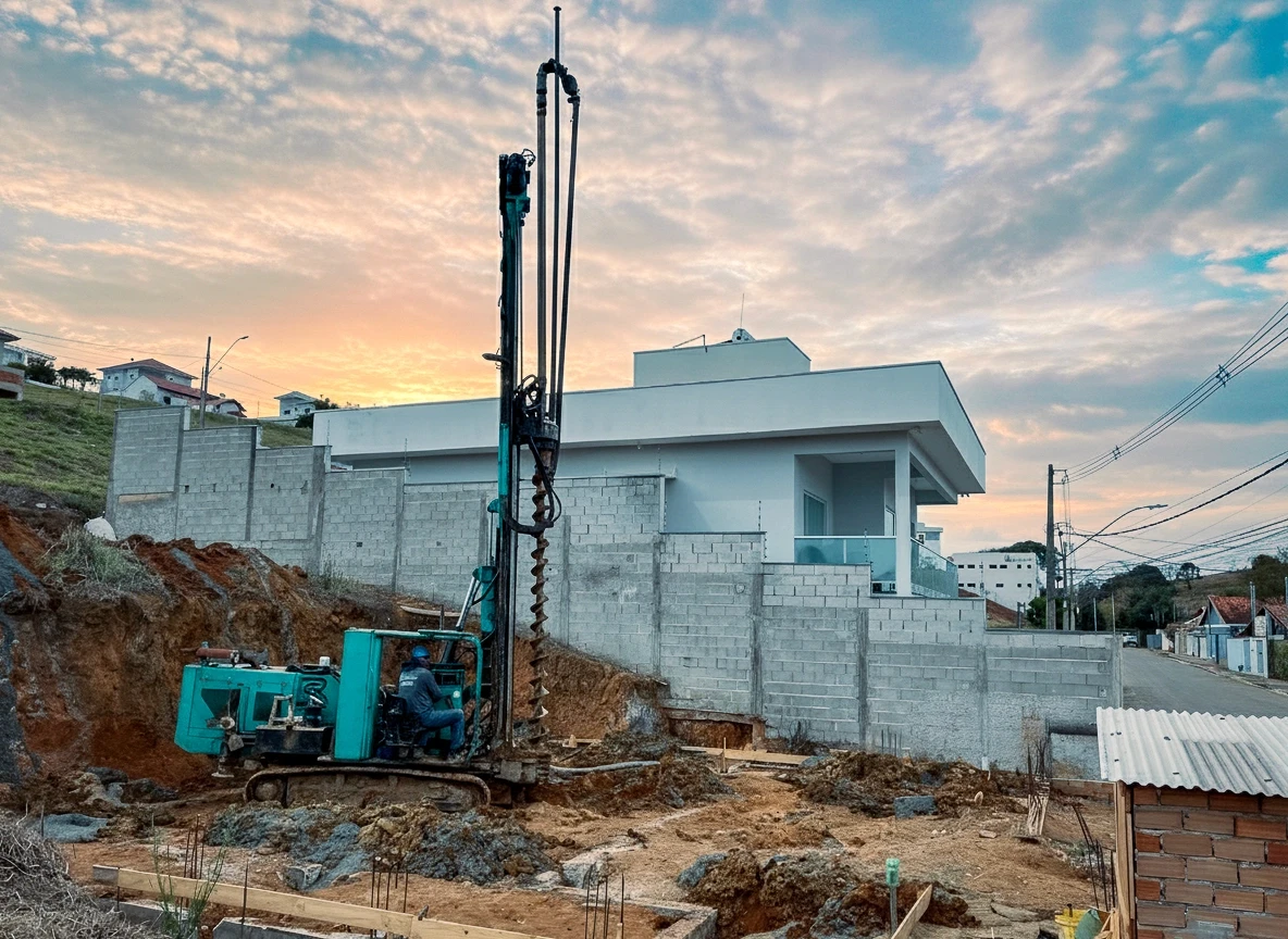 Máquina perfuratriz de hélice contínua em um canteiro de obras, posicionada em uma encosta de terra vermelha, com uma casa moderna branca e um muro de blocos de concreto cinza ao fundo. O céu está alaranjado ao pôr do sol.