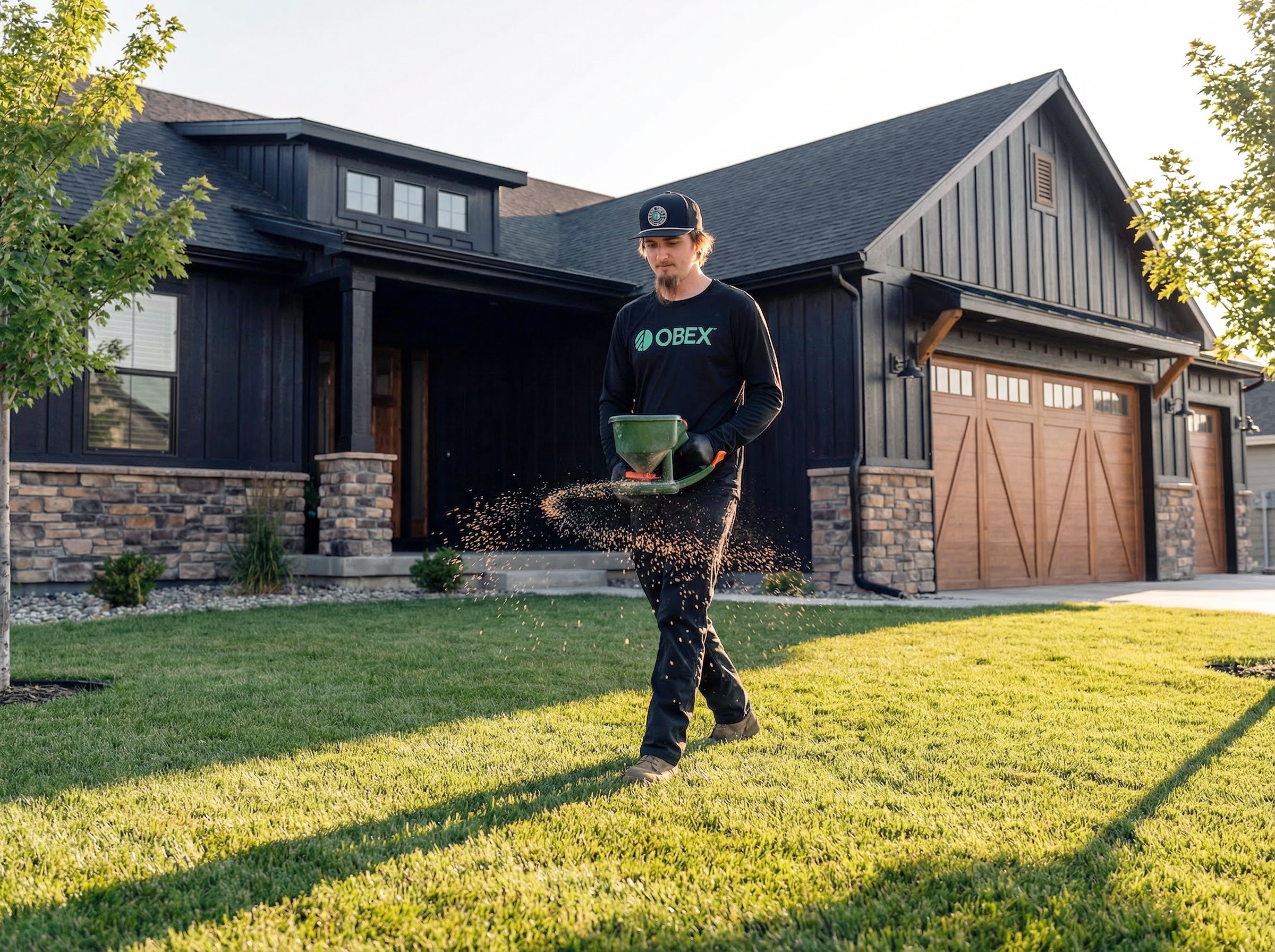 An OBEX technician granulated a lawn for pest control.