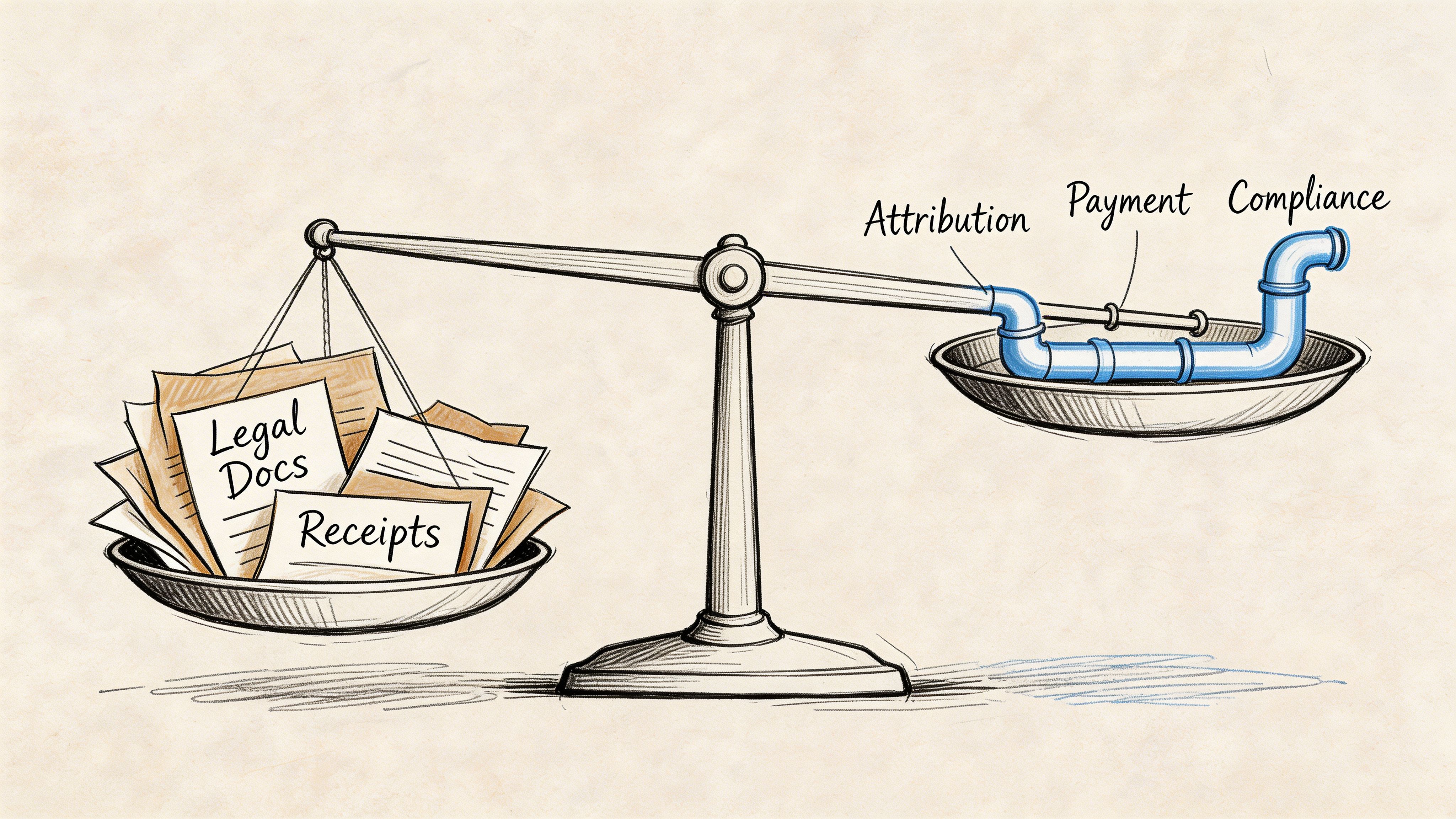 A weighing scale balancing a pile of documents and receipts against a system of blue pipes labeled.