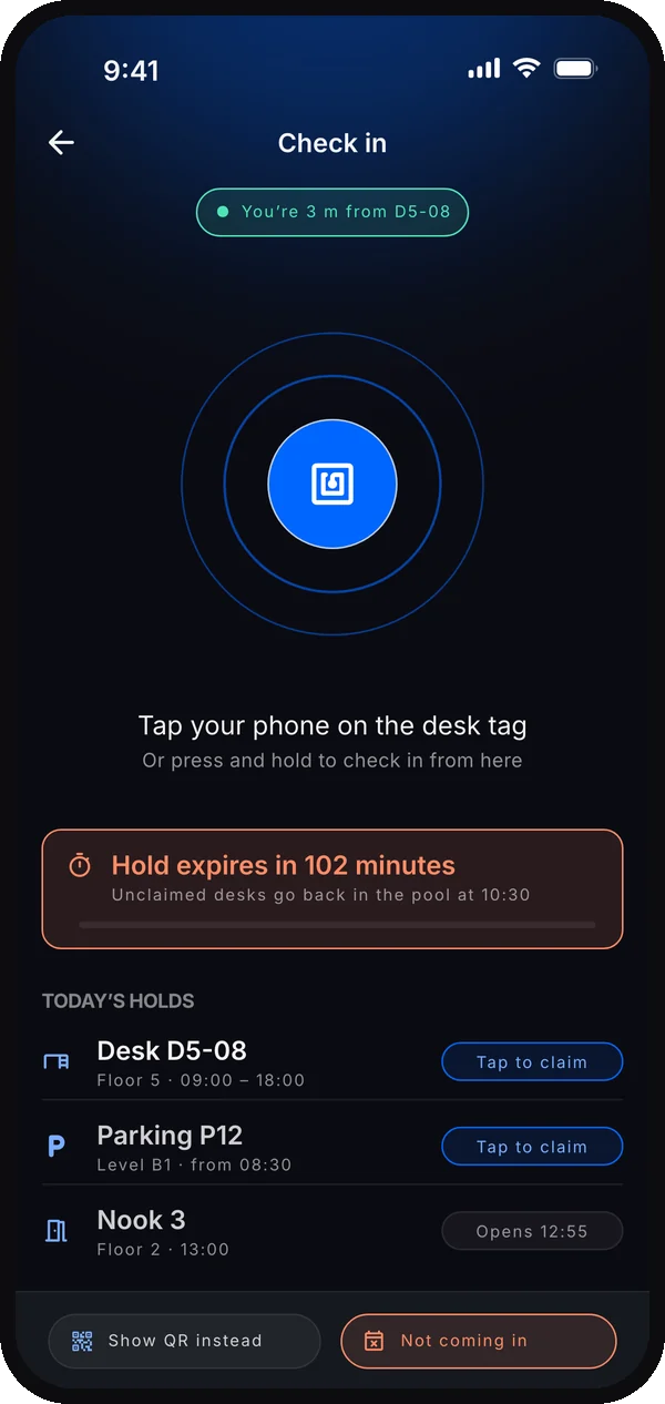 Check in screen with a hold that expires in 102 minutes