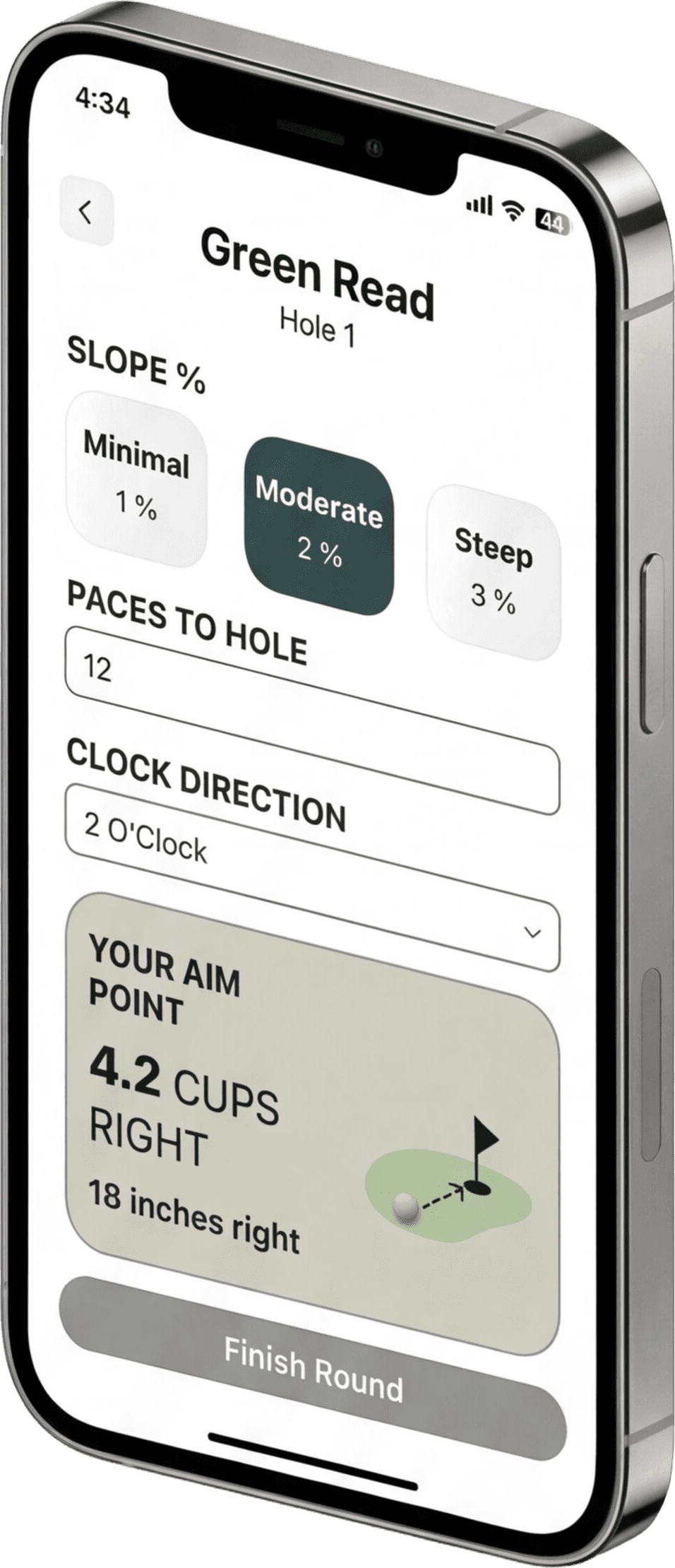 Screen of PacePoint Pro golf green reading app showing slope %, paces to hole and, clock direction inputs, and putting aim point output.