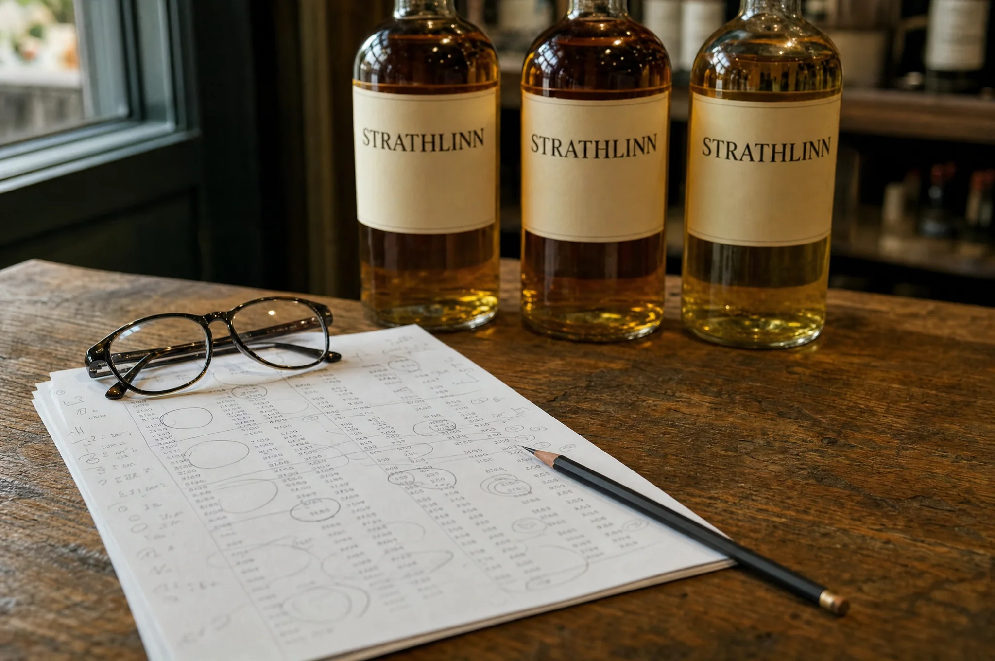 A pencil-marked price sheet and three Strathlinn bottles on a shop counter