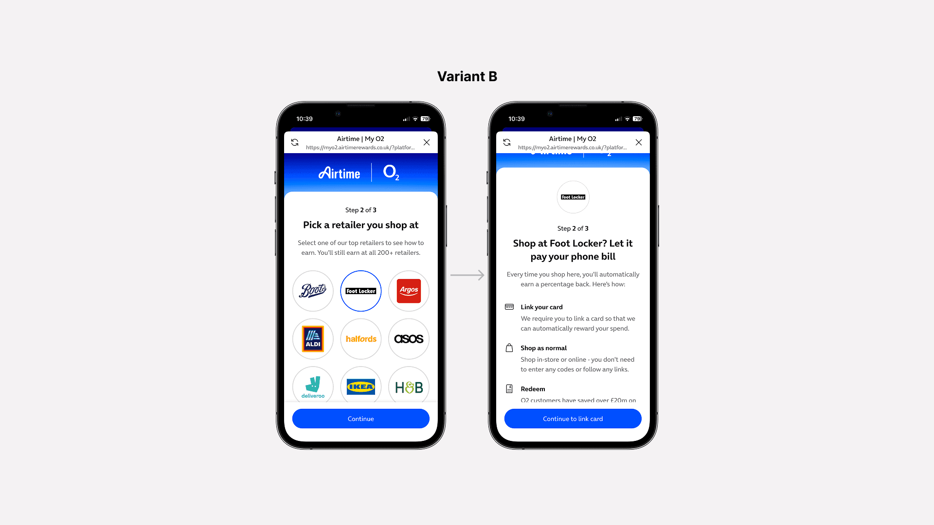 Variant B screens showing a retailer selection step and an explainer page leading into linking a card.
