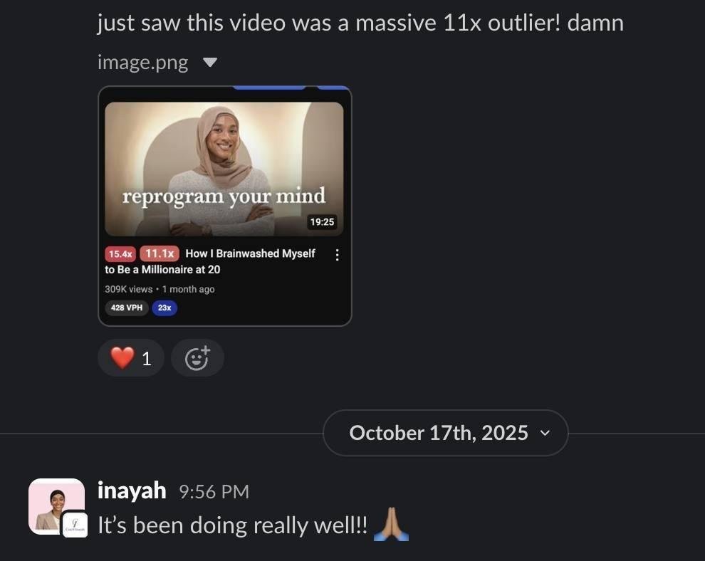 Slack message from Inayah's team one month after the video went live