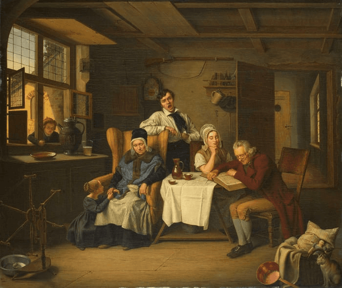 A cozy indoor scene with people engaged in various activities, depicting daily life in a historical setting.
