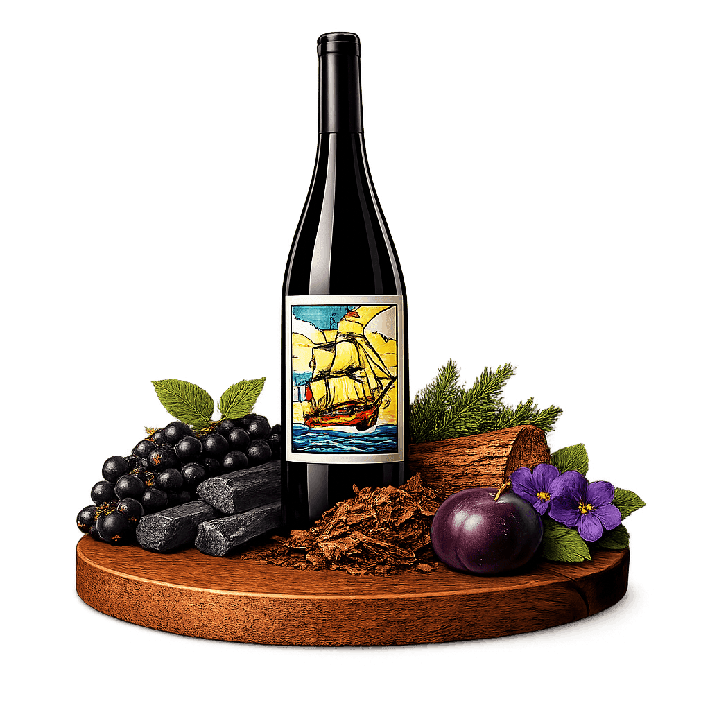 Artistic label and flavor profile for Bordeaux Left Bank on a rustic wooden table.