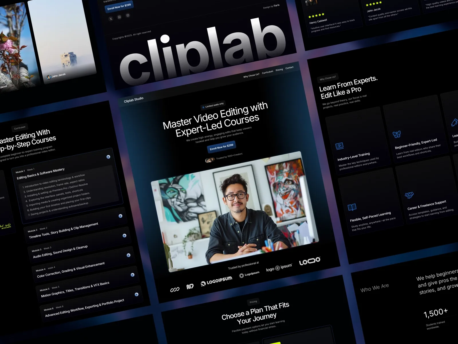 ClipLab video editor portfolio dark template with multi-page layout, pricing plans, and project showcase sections.