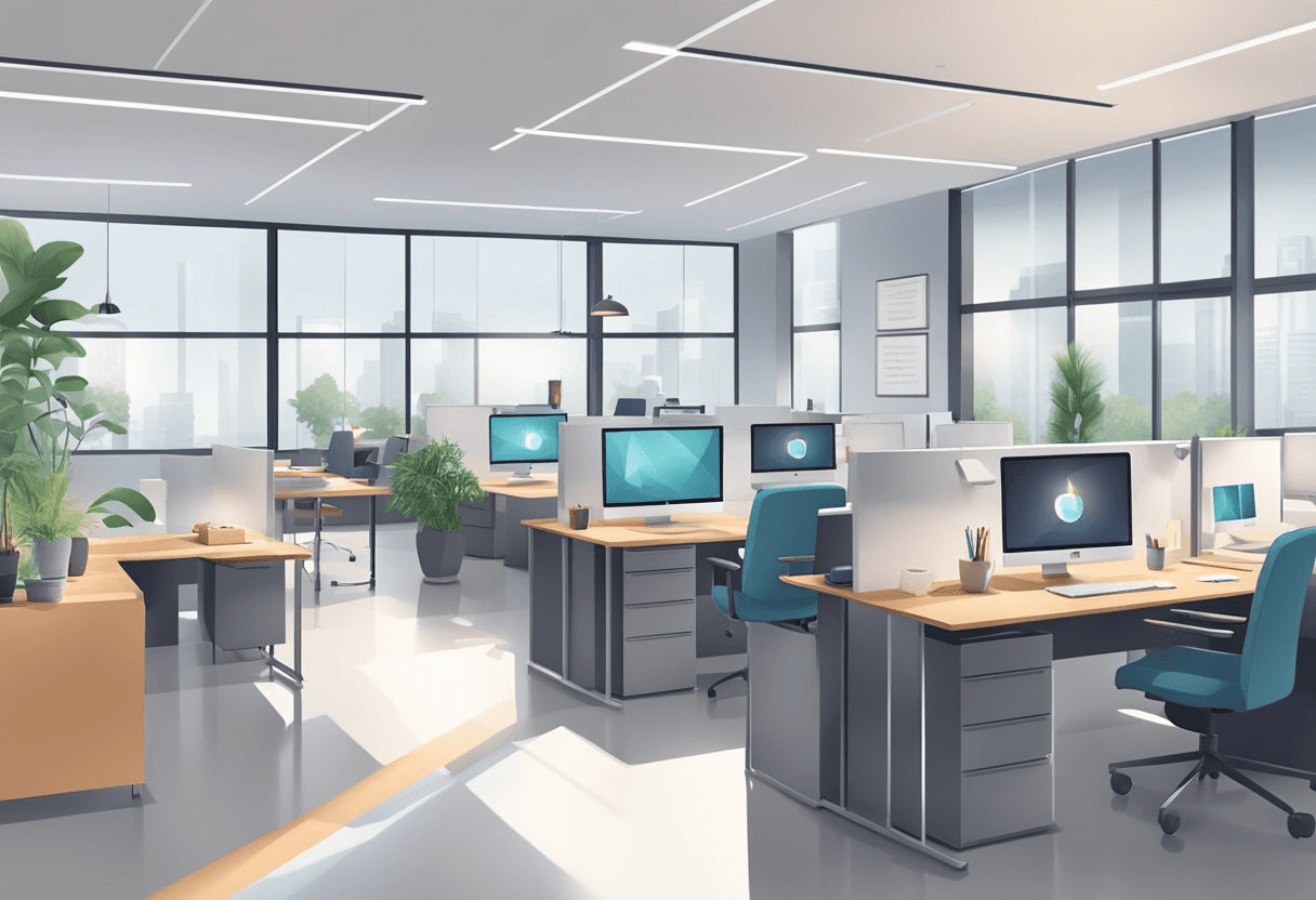 A modern office setting with a focus on mental health, featuring open communication spaces, comfortable workstations, and supportive HR practices