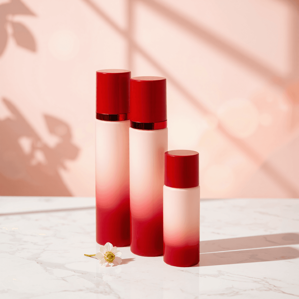 product photography of a set of cosmetic bottles with a red cap, used for beauty products