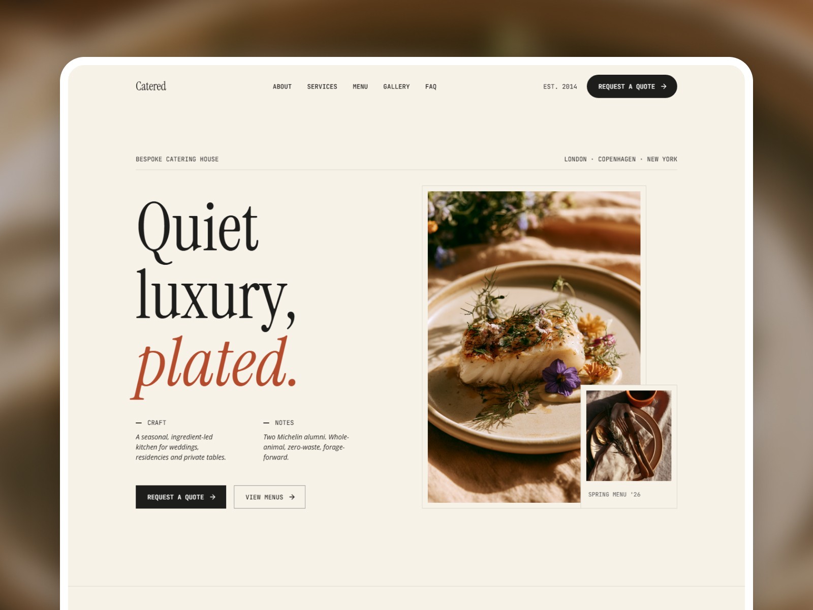 Catered Framer catering template hero section — Quiet luxury, plated — with editorial food photography and spring menu overlay