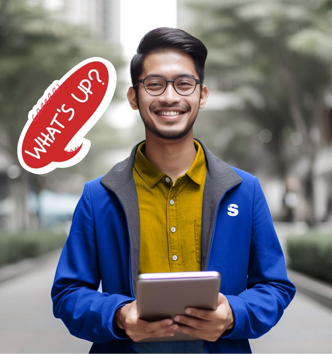 a man holding ipad with blue jacket & yellow shirt