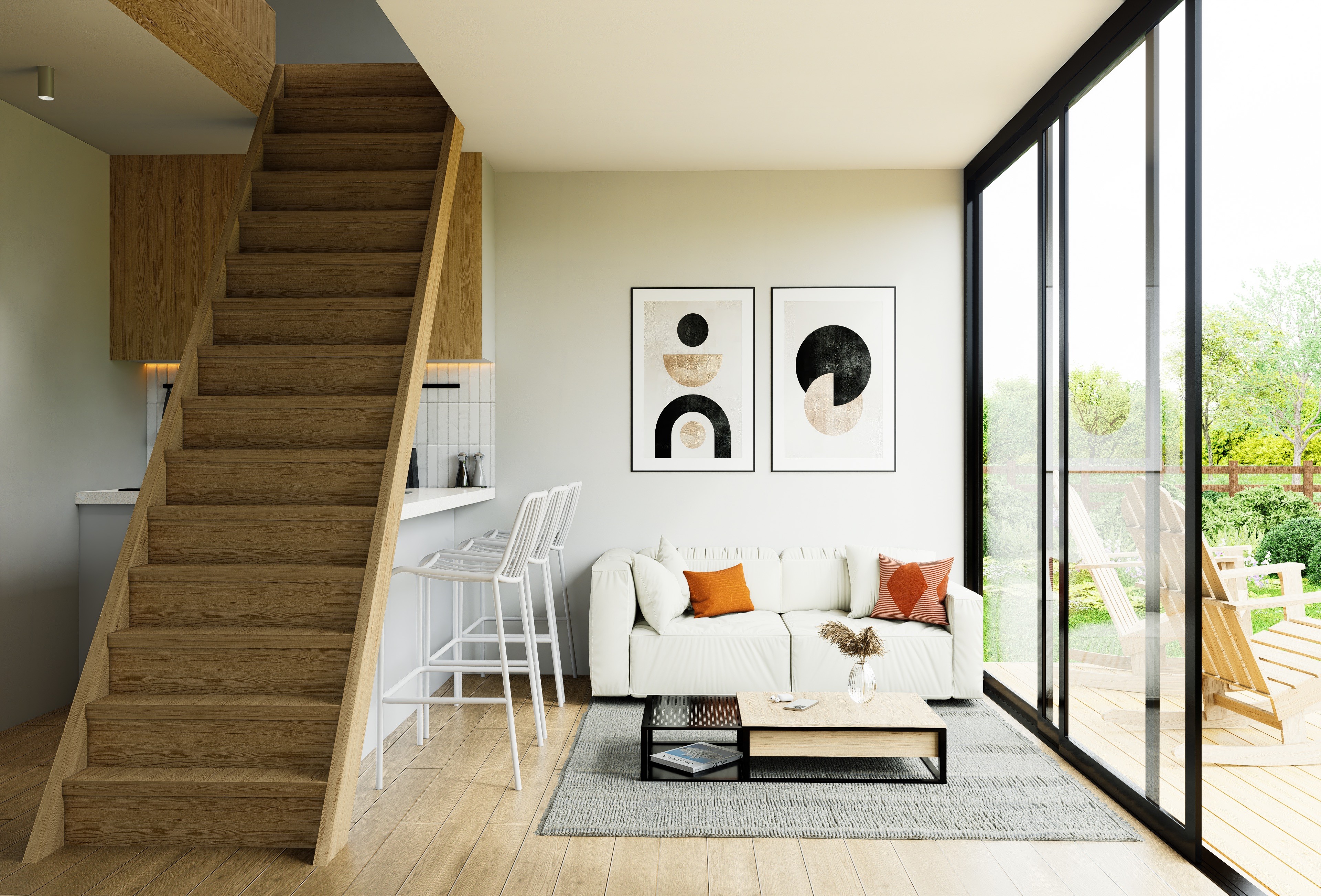 Child walking on a wooden beam with a large tree and swing nearby in a courtyard of modern wooden houses, while another person adjusts a bicycle.