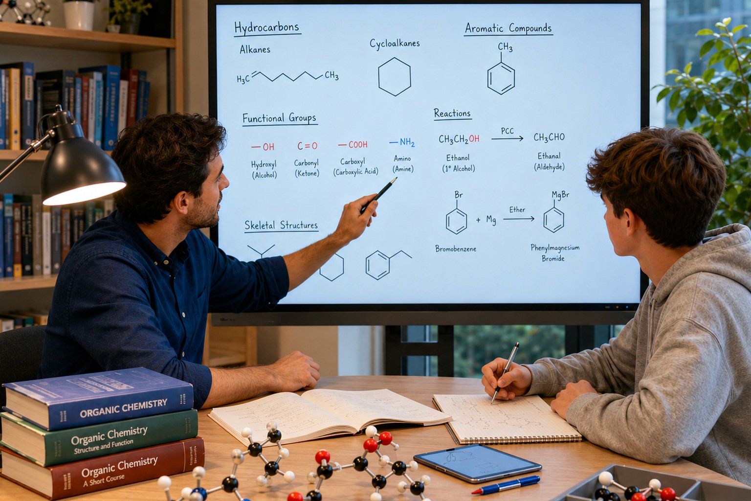 Chemistry tutor helping a student understand organic chemistry reactions and functional groups.