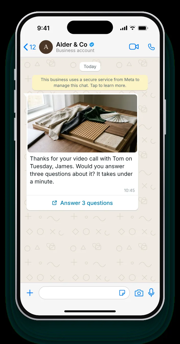 A short form after a consultation: WhatsApp feedback message on an iPhone
