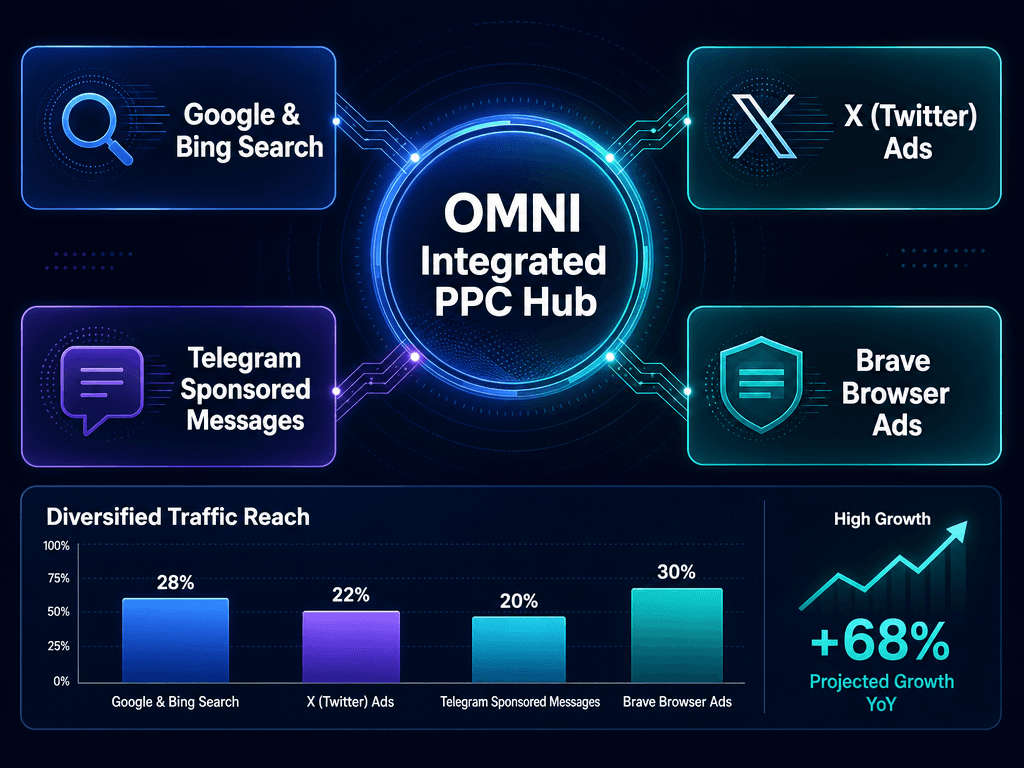 Architectural diagram showing an integrated Web3 advertising strategy across Google, X, Telegram, and Brave Browser platforms for comprehensive market reach.