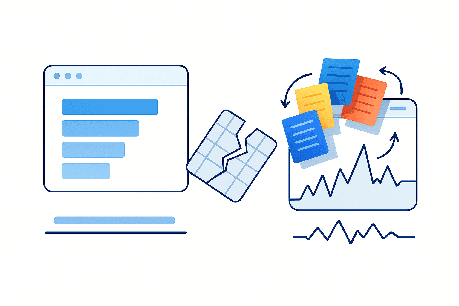 Illustration comparing stable search results with volatile AI chat answers to show manual tracking gap