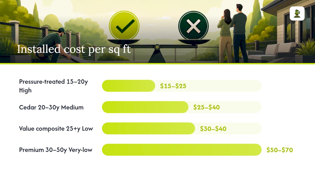Comparison chart of decking materials cost and lifespan