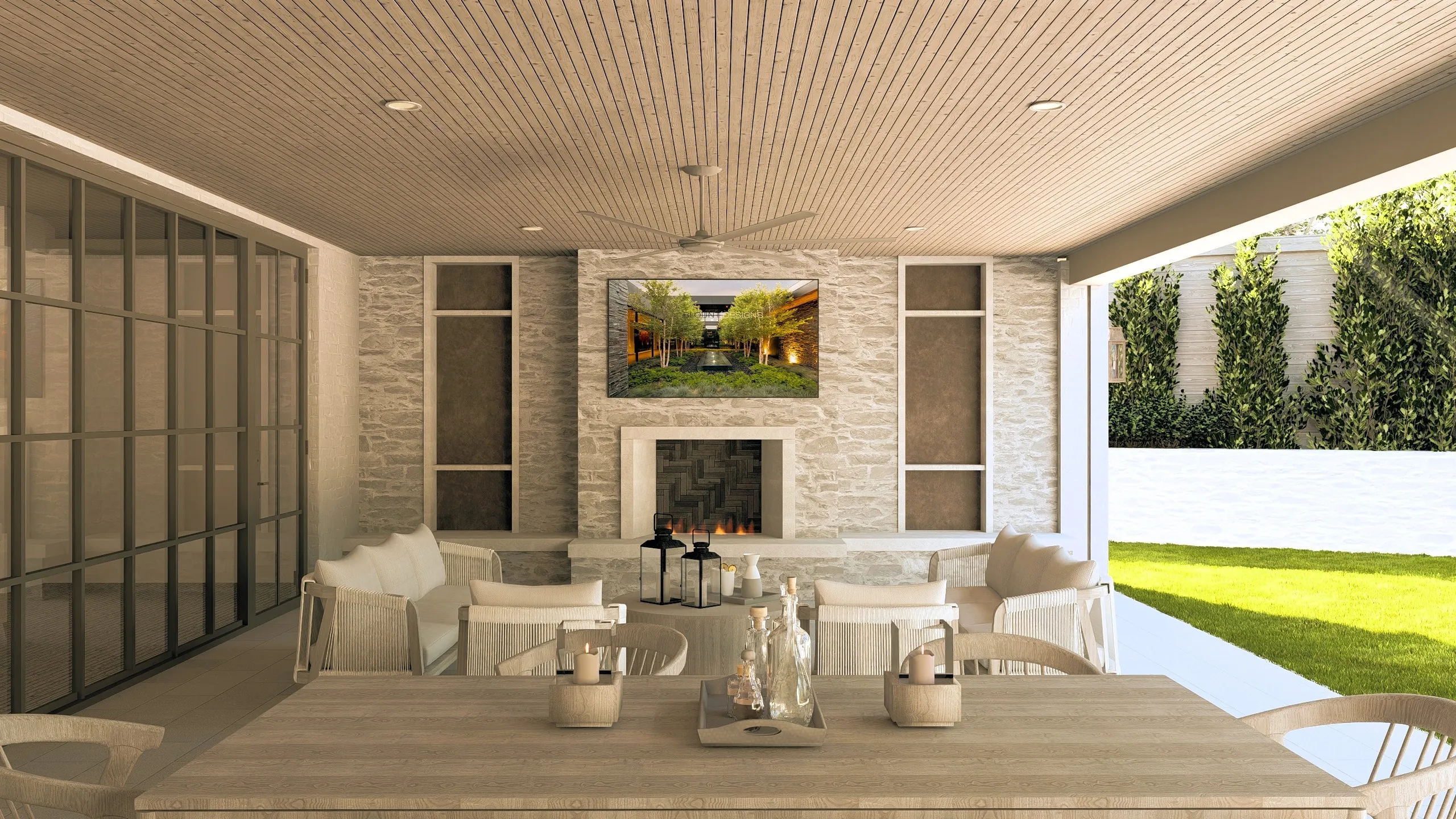 Covered patio design housing kitchen, dining, and lounge area for Fort Worth home.