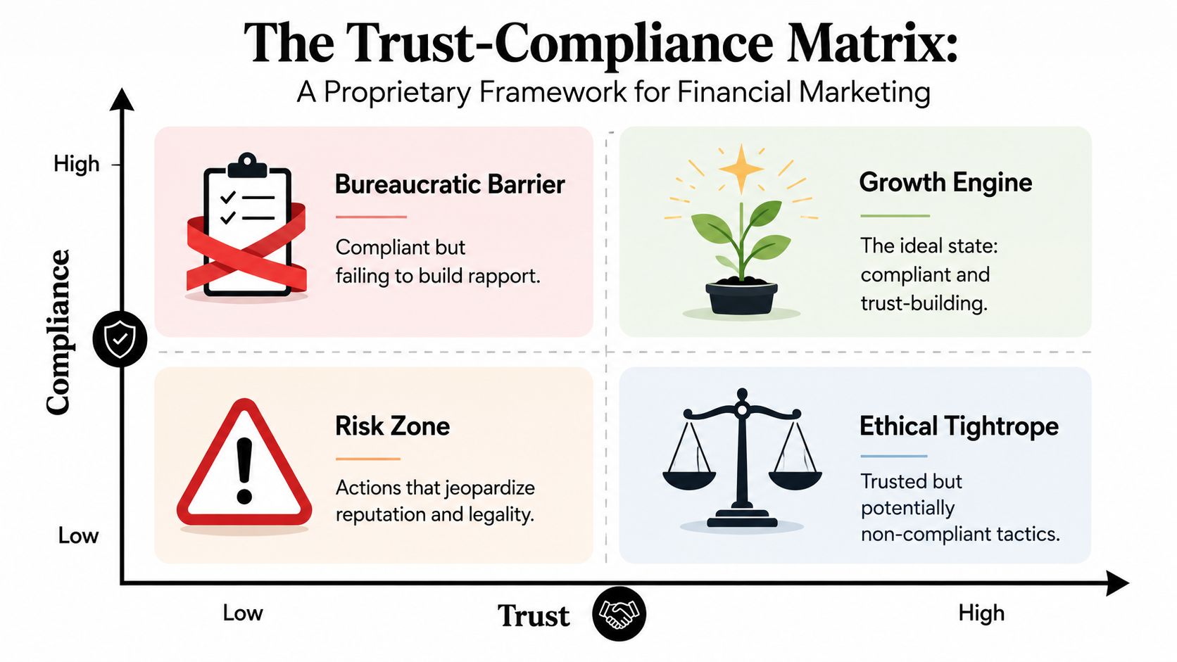 The Trust-Compliance Matrix for financial marketing, illustrating quadrants of high and low trust versus compliance levels.