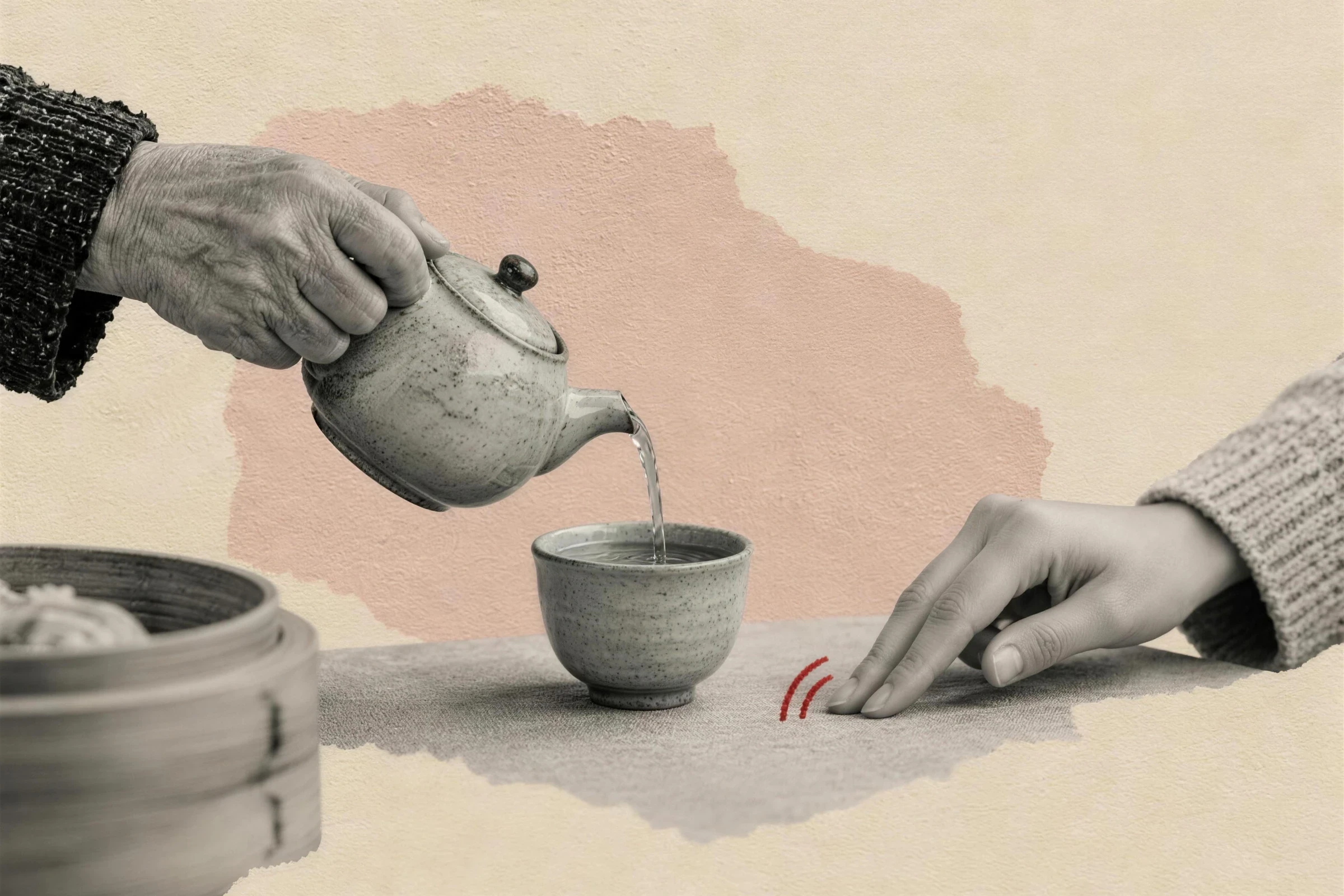 Black-and-white cut-outs: an older hand pours tea from a speckled teapot into a small cup, while a younger hand taps two fingers on the table beside it, with two small red marks showing the tap.