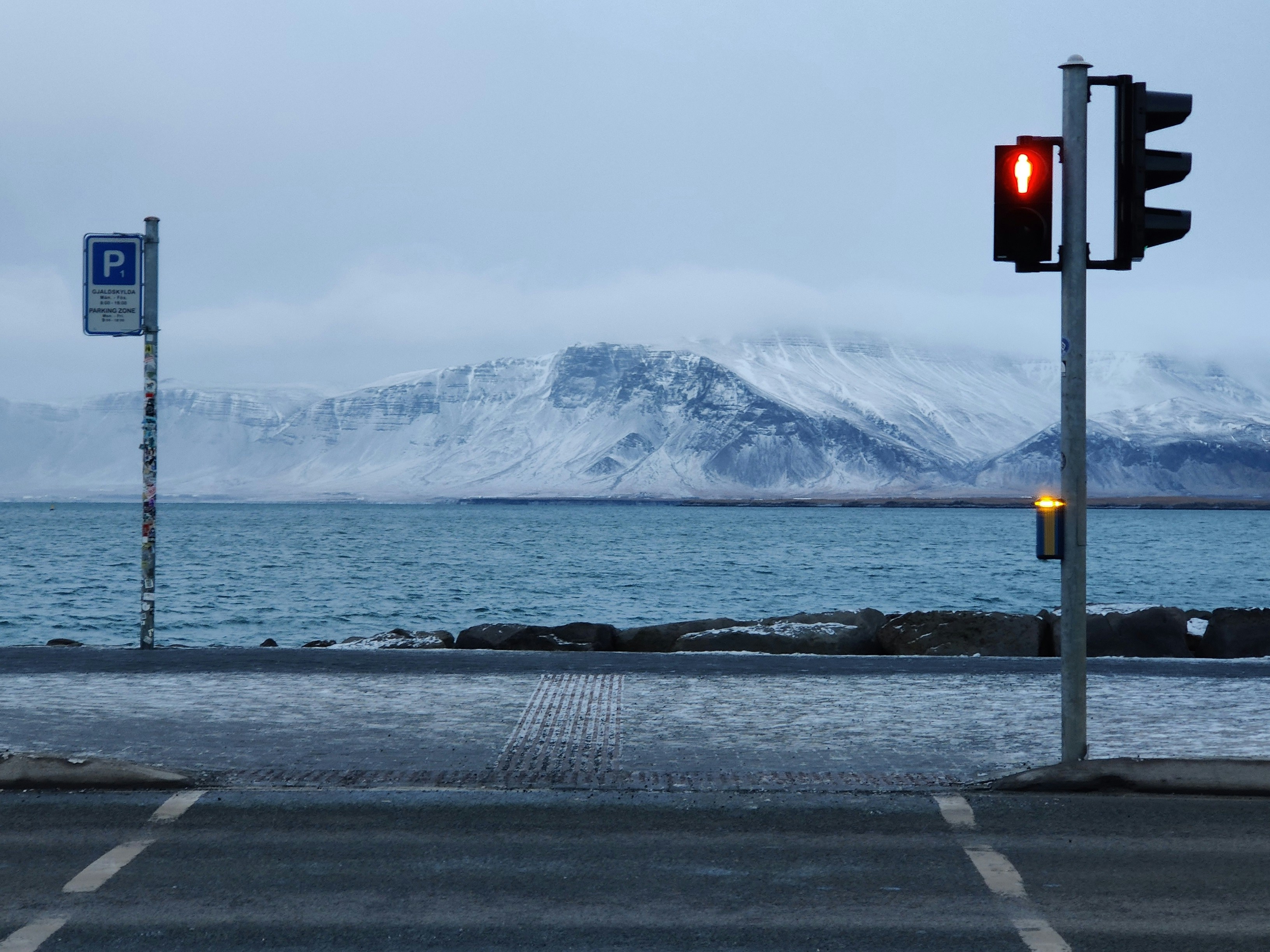 street crossing in reykjavik overlooking Esjan