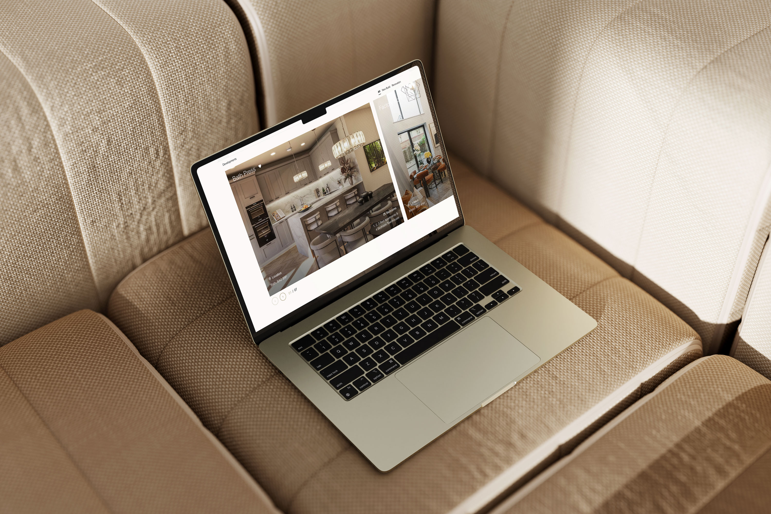 An image of a laptop at a high angle that has been left on a beige sofa