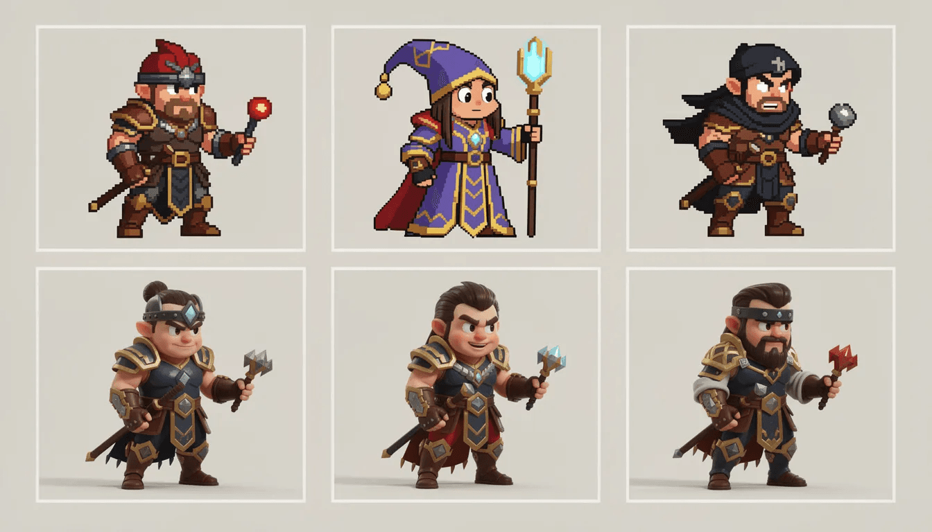 The image features multiple game characters displayed in a grid format, showcasing various art styles including pixel art, cartoon, and stylized 3D designs. This visual representation highlights the creativity and diversity in game development, illustrating how different artistic approaches can bring characters to life in the gaming world.