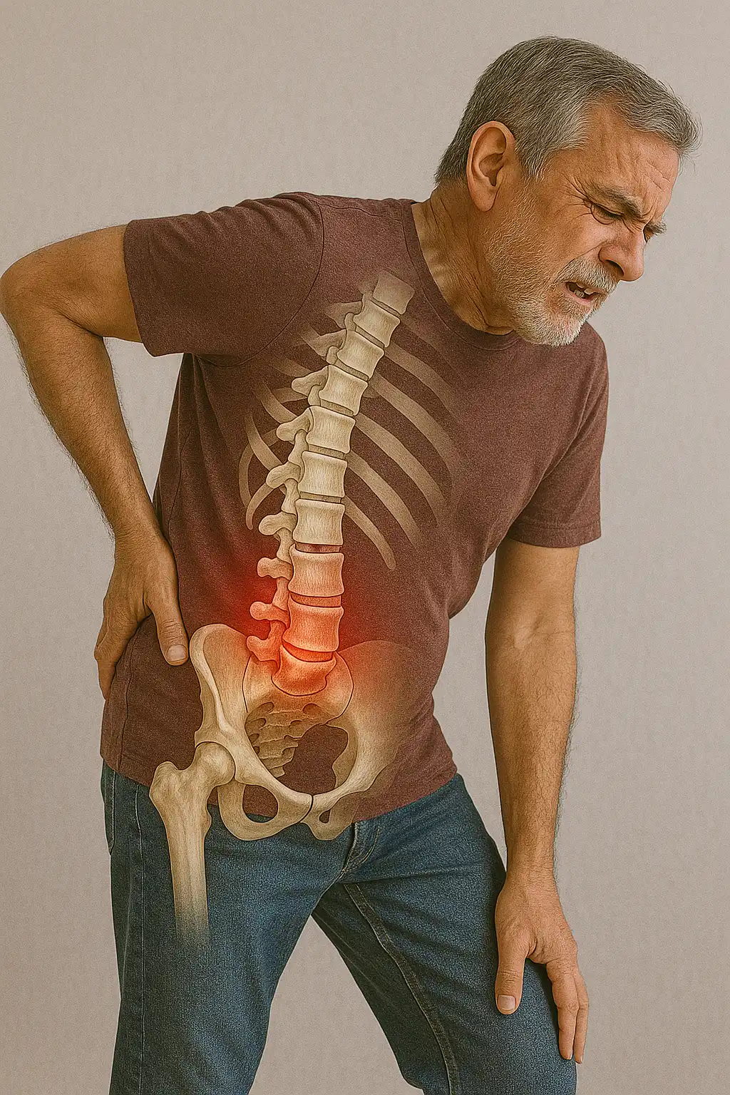 An older adult holding his lower back in pain, with an illustrated spine overlay highlighting compression and inflammation typical of spinal stenosis.
