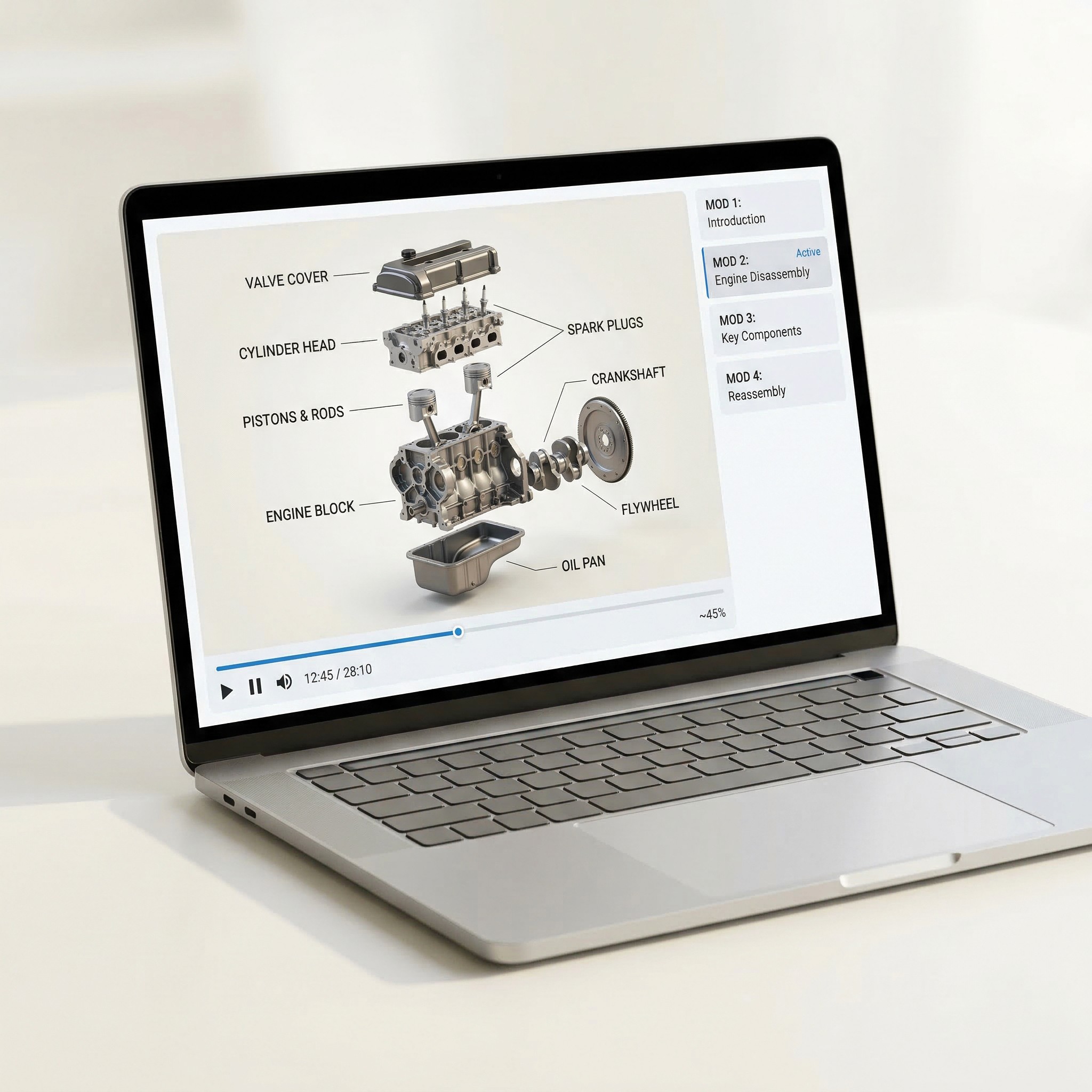 Technical training video interface on a laptop showing a 3D exploded engine view with component annotation labels — training video production services for manufacturers — Penguincil Design