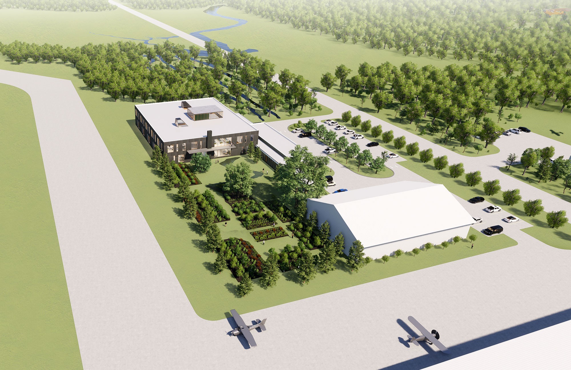 Aerial view of the building and its site