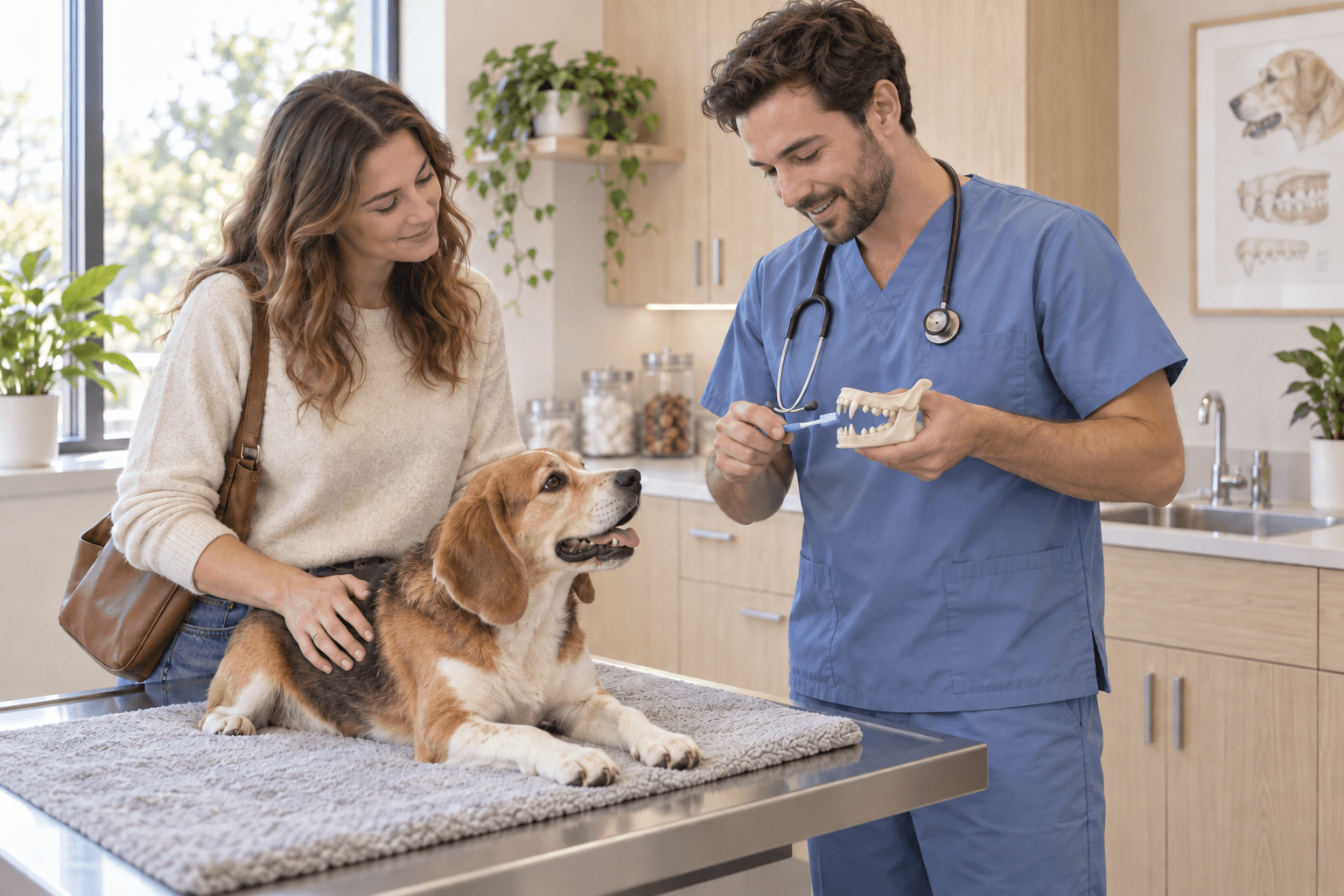 A veterinarian shows a dental model to a smiling owner and her golden retriever.