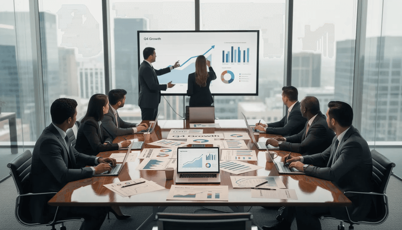 A group of business executives is gathered in a conference room, analyzing growth charts and discussing strategic plans. They are focused on leveraging specialized expertise and fractional leadership to navigate the evolving labor market and the rise of fractional work.