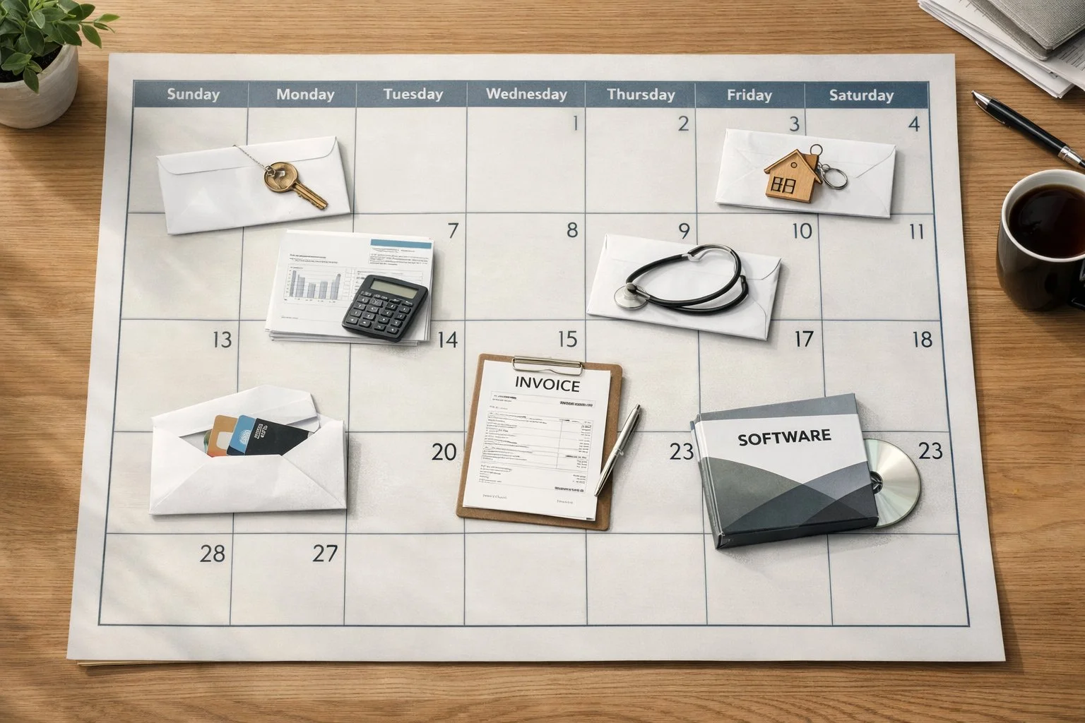 Flat monthly calendar on a desk with envelopes and invoices on multiple dates, representing recurring payments like rent, utilities, insurance, and software.