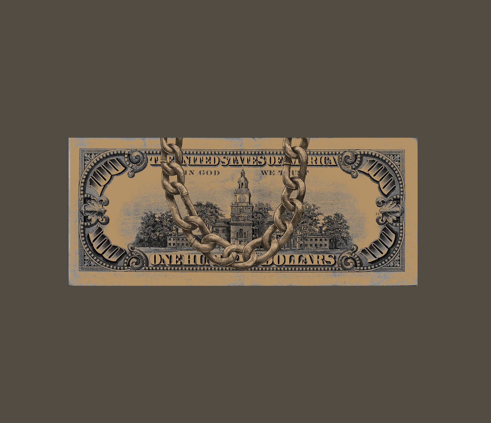 dollar-bill-inspired graphic featuring intricate gold patterns, custom typography and a chain 